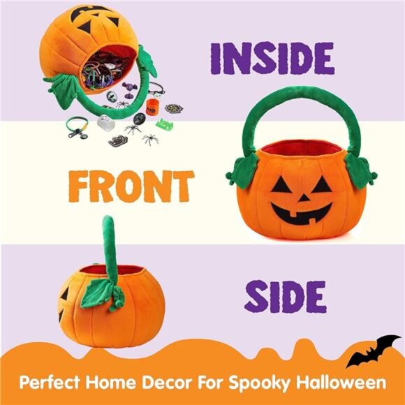 Halloween pumpkin plush tote bucket measuring 11 x 13.4 inches, designed - Picture 5 of 8
